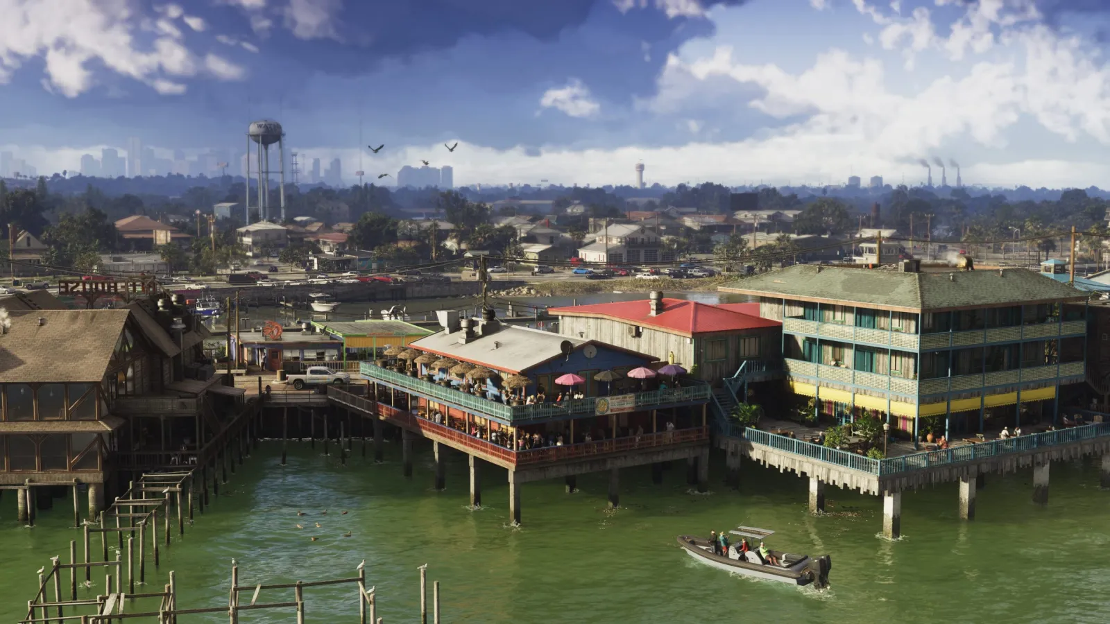 A Grassrivers stilt-house town over green water in GTA 6, Vice City's skyline on the far horizon