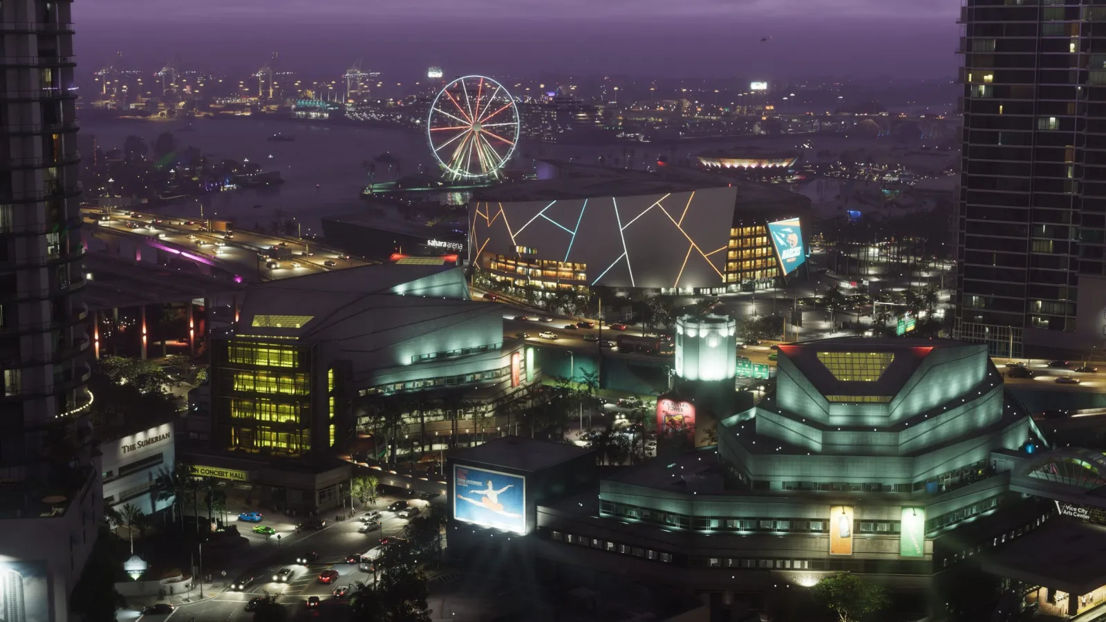 Aerial view of Vice City in GTA 6, the neon waterfront and skyline that the PS5 and Xbox Series X|S versions are built for